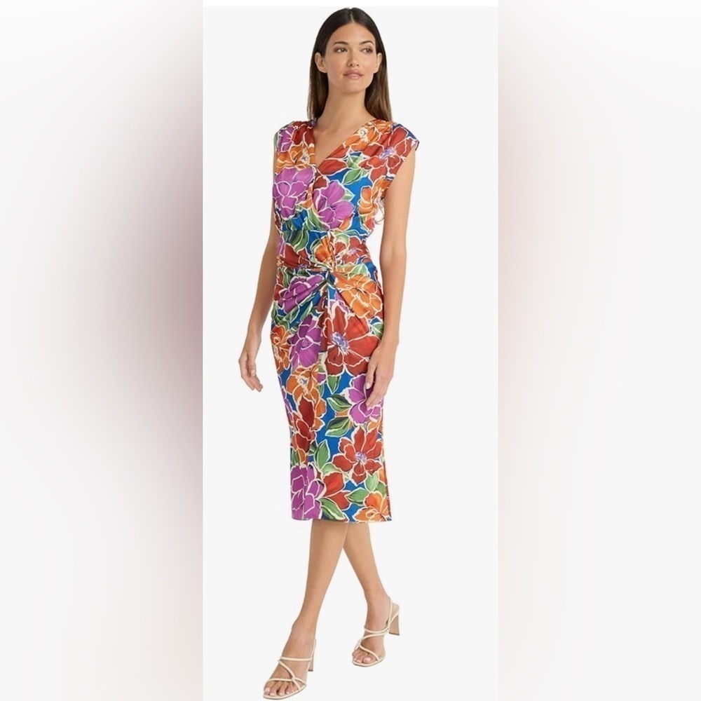 Maggy London women’s Sz 2 rouge Midi Floral Dress V-Neck wedding spring KY derby